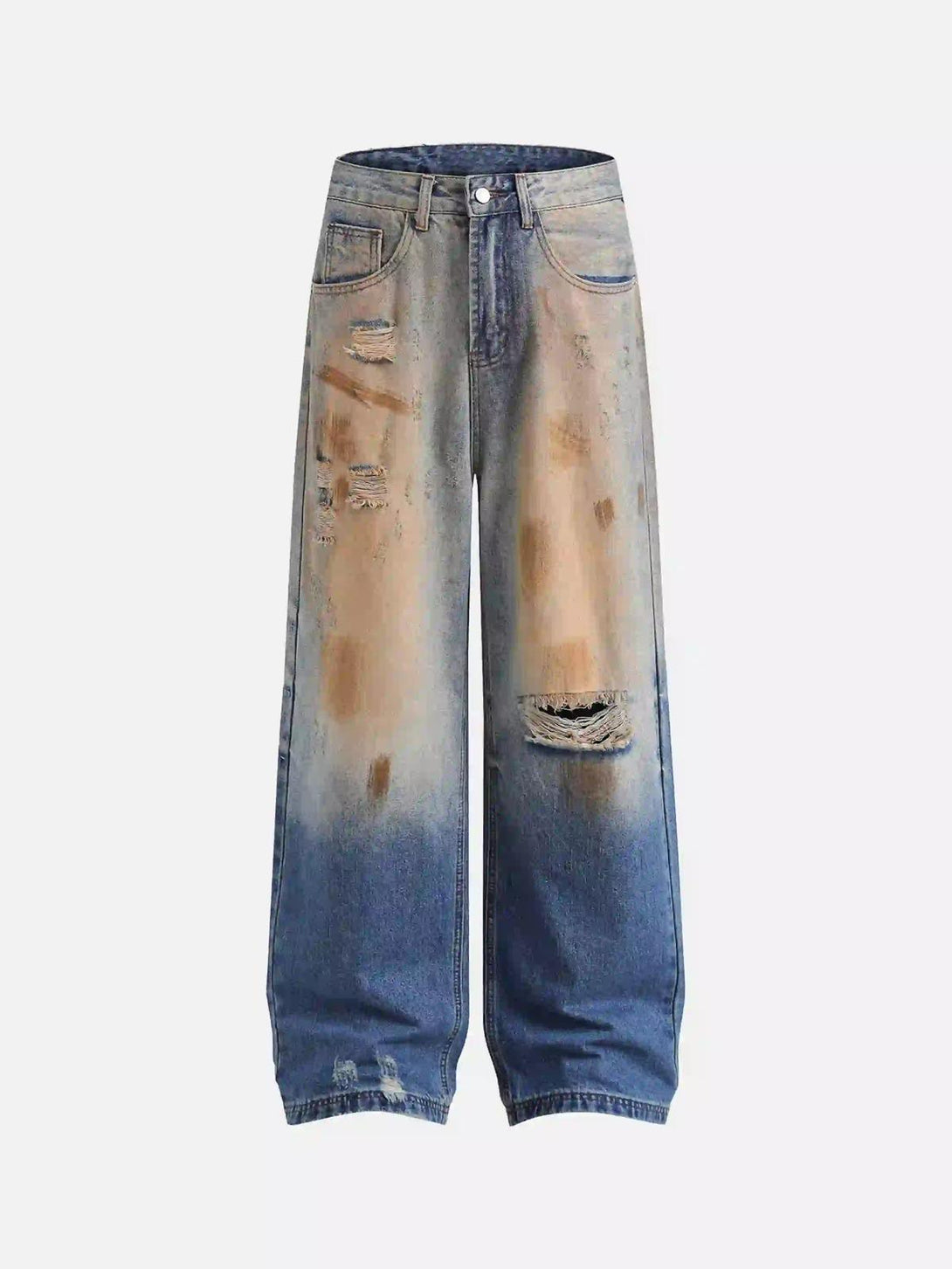 Front view of blue hip-hop ripped mud-dyed jeans by TALISHKO, featuring a relaxed fit.
