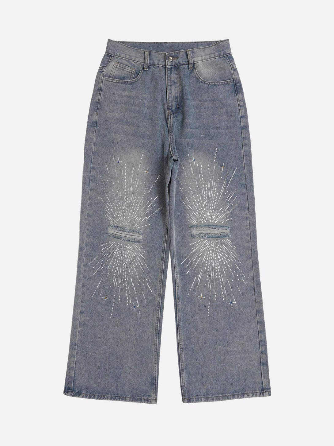 Front view of TALISHKO blue baggy jeans with sparkling diamond details and distressed accents.
