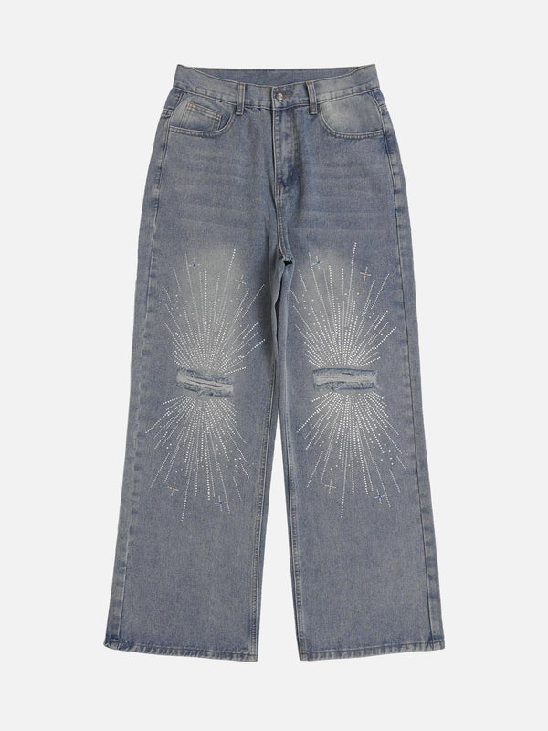 Front view of TALISHKO blue baggy jeans with sparkling diamond details and distressed accents.