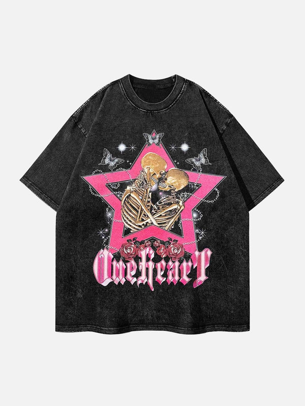 Front view of a black hip hop T-shirt featuring a striking skeleton and star design by TALISHKO.