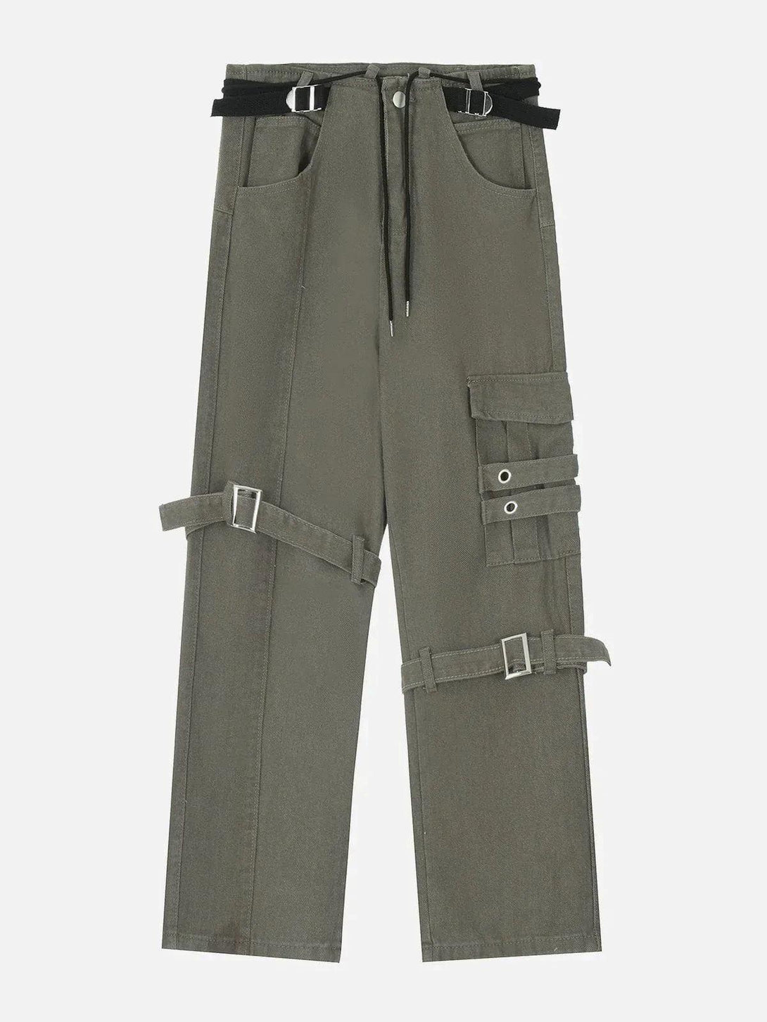 Front view of TALISHKO army green jeans featuring hip hop strap details and a relaxed fit.