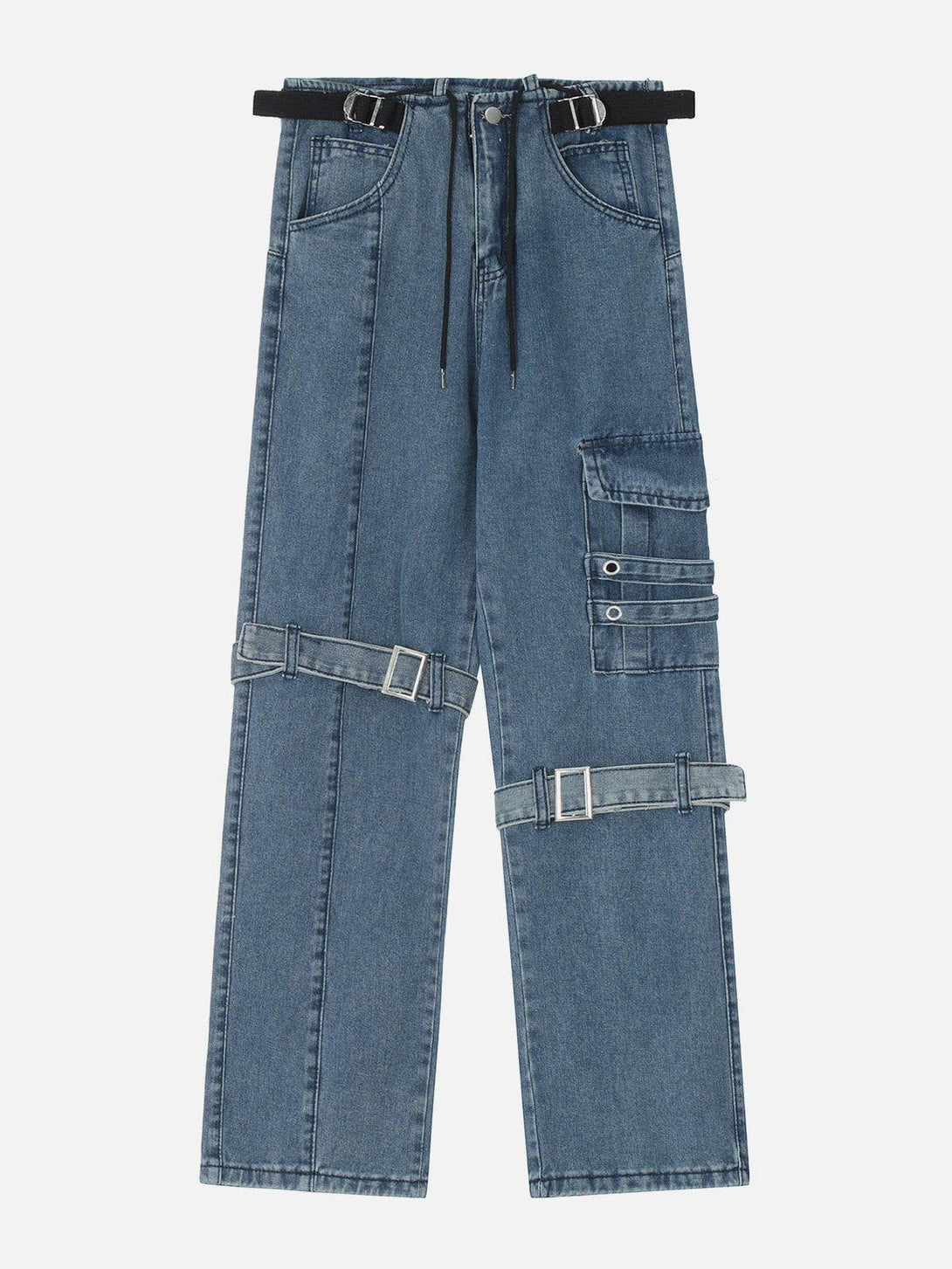 Front view of blue hip hop jeans with strap details by TALISHKO, showcasing urban style.