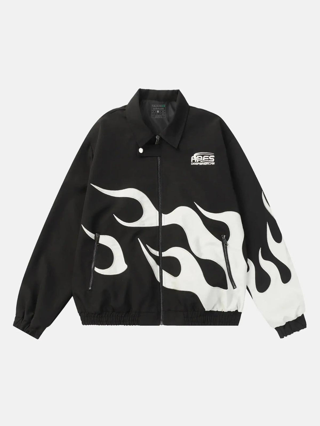 Front view of a black flame-patterned lapel jacket by TALISHKO, showcasing bold street style.