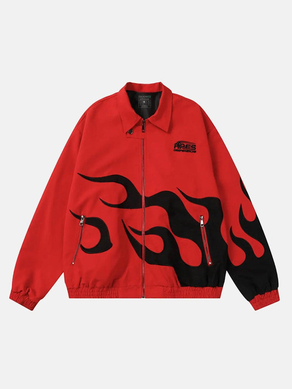 Front view of a red flame-patterned jacket by TALISHKO, featuring bold street-inspired design.