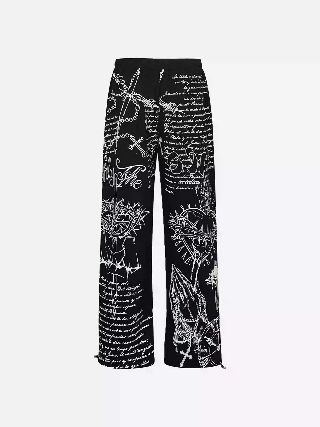 Front view of black hip-hop print casual pants by TALISHKO, showcasing intricate designs.