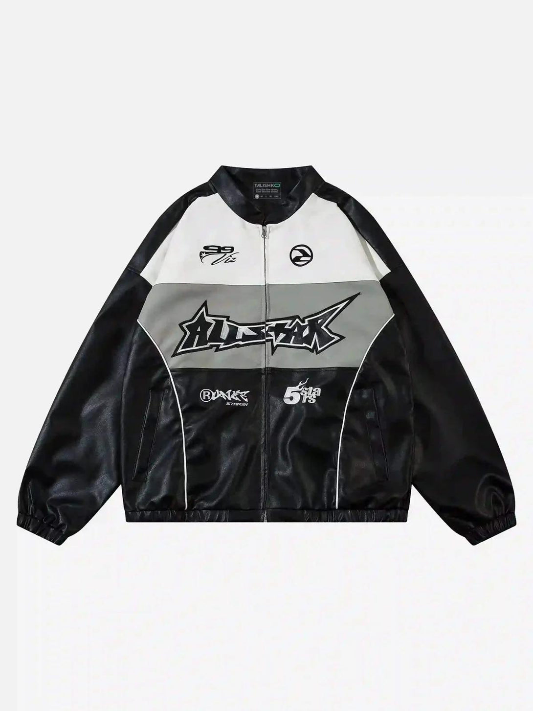 Front view of a black PU motorcycle jacket by TALISHKO, showcasing hip-hop street style.