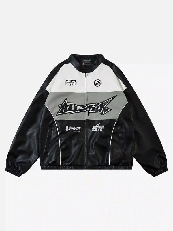 Front view of a black PU motorcycle jacket by TALISHKO, showcasing hip-hop street style.