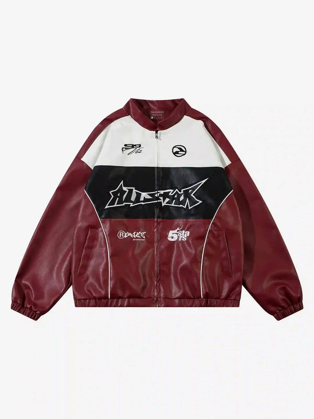 Front view of a red PU motorcycle jacket by TALISHKO, featuring bold hip-hop street graphics.