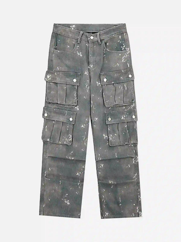 TALISHKO gray ink-splashed cargo jeans in a front view, embodying a hip-hop street style.