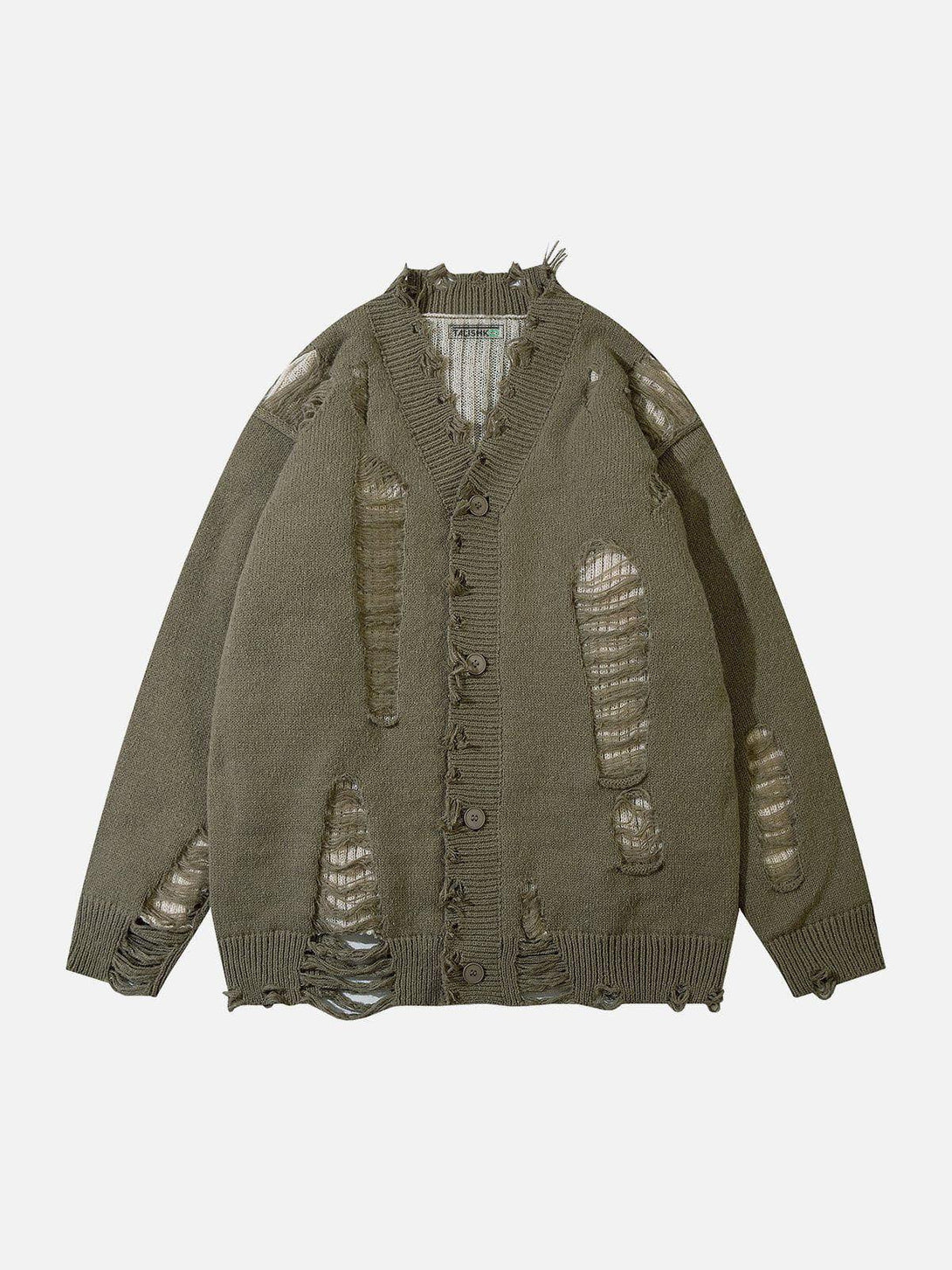 Front view of green distressed cardigan by TALISHKO, featuring a unique layered design.