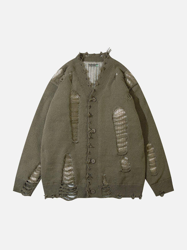 Front view of green distressed cardigan by TALISHKO, featuring a unique layered design.