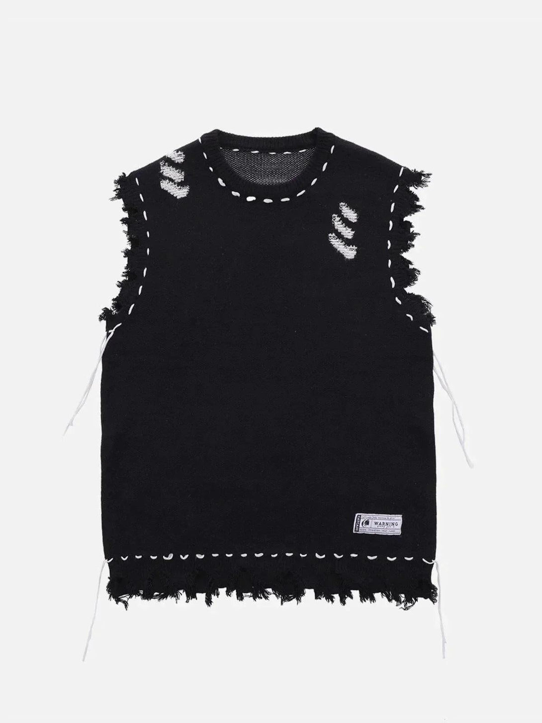 Front view of a black sweater vest with raw edges and stitched details by TALISHKO.