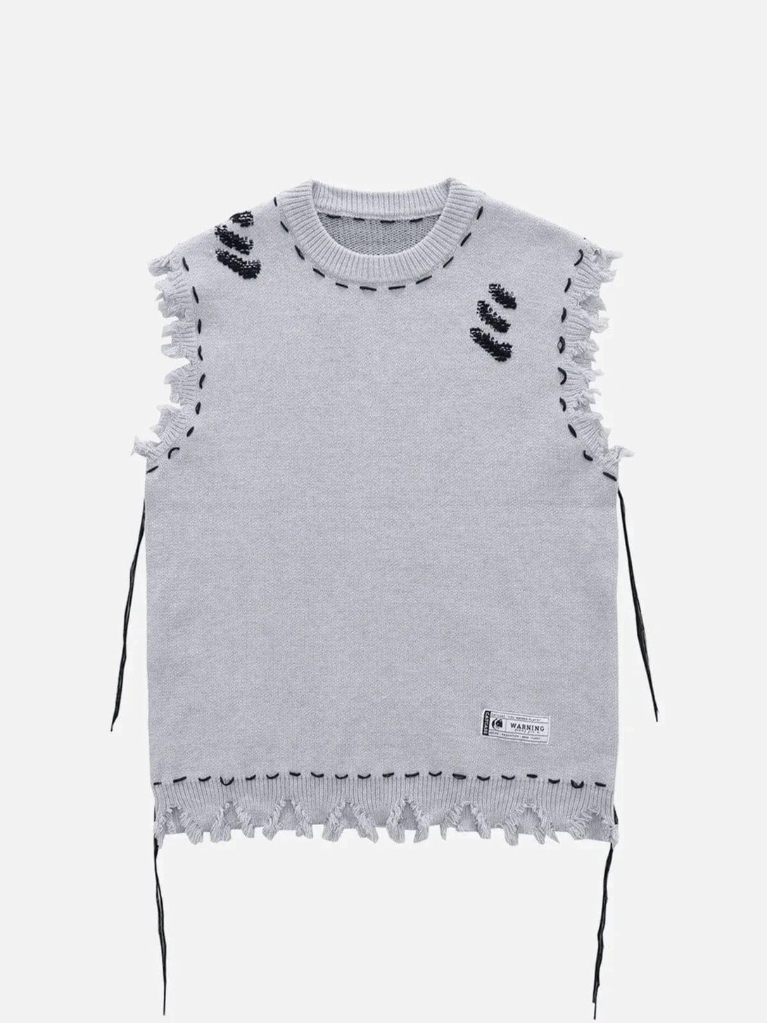 Gray sweater vest with raw edges and stitched details by TALISHKO, front view.