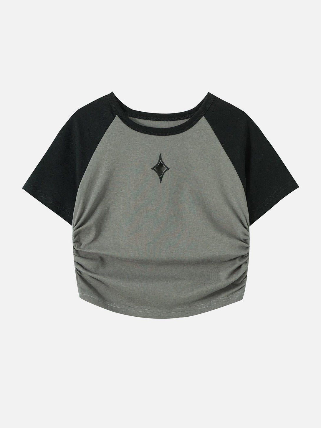 Front view of a gray pleated tee with black sleeves by TALISHKO, featuring hollow embroidery.