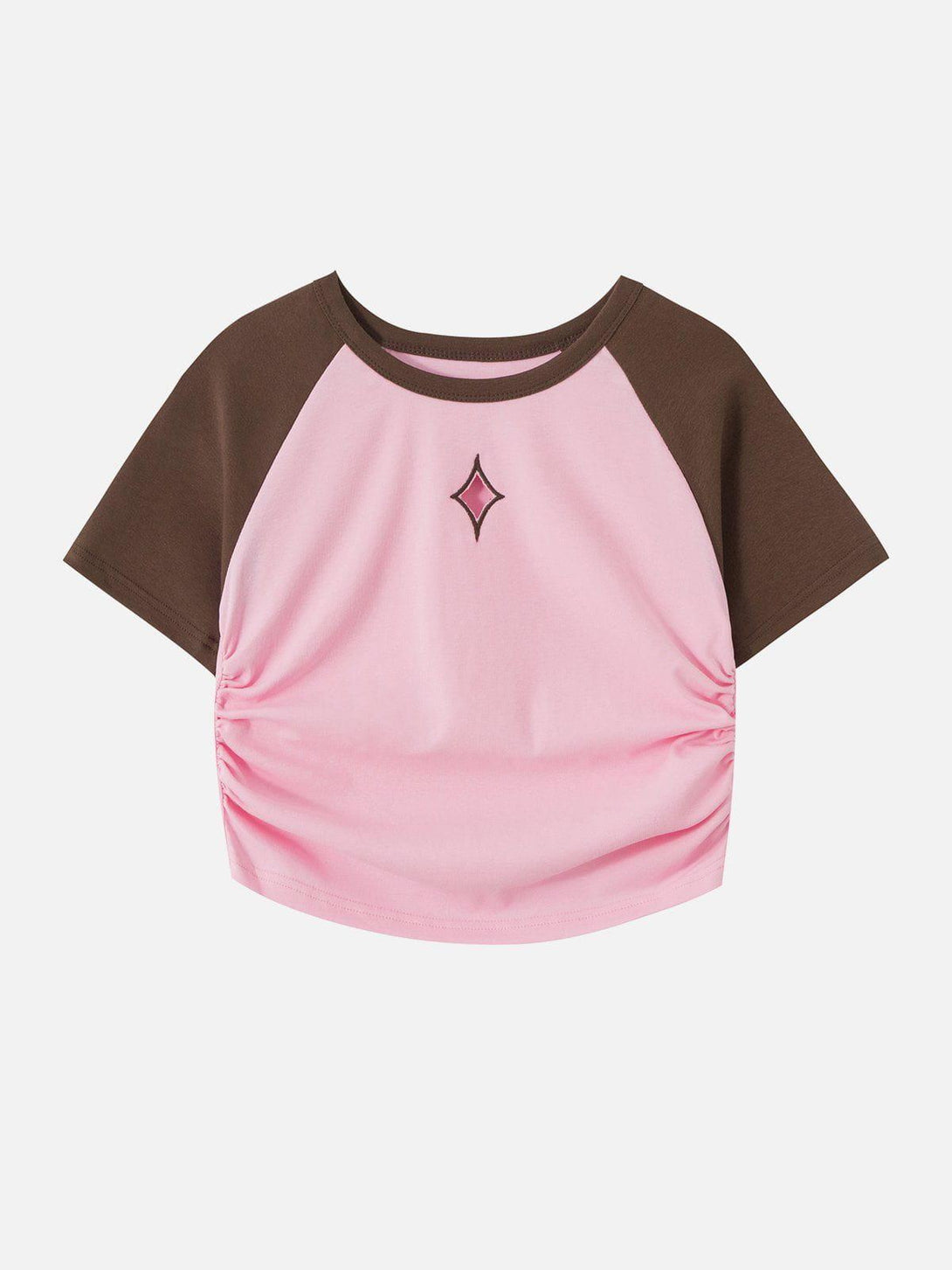 Front view of a pink pleated tee with brown sleeves, featuring hollow embroidery by TALISHKO.