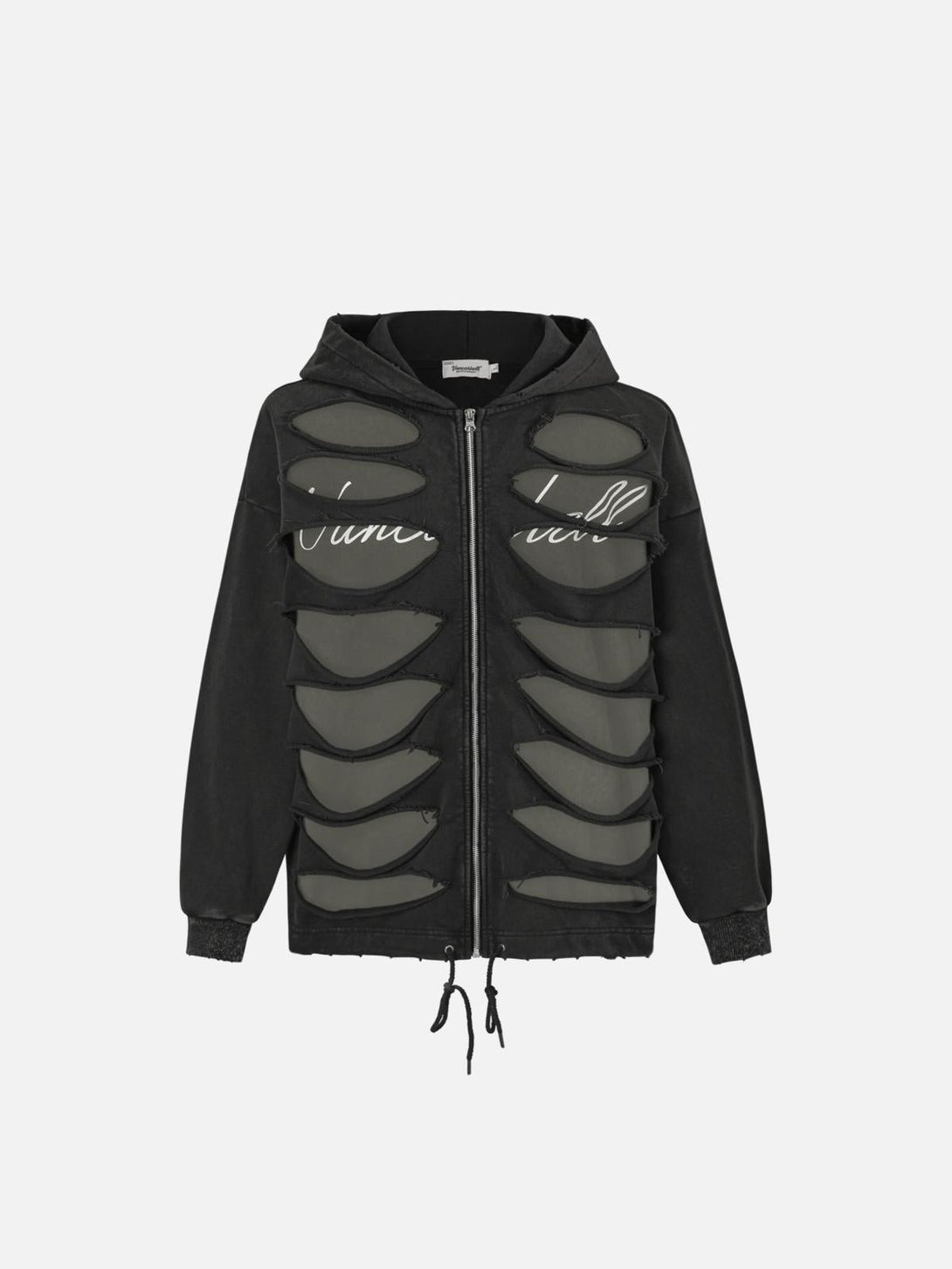 Front view of a black zipper hoodie with unique cut-out design by TALISHKO.