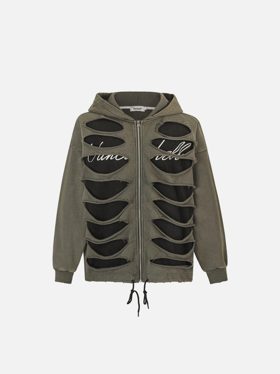 Front view of a gray zipper hoodie with cut-out details, designed by TALISHKO.