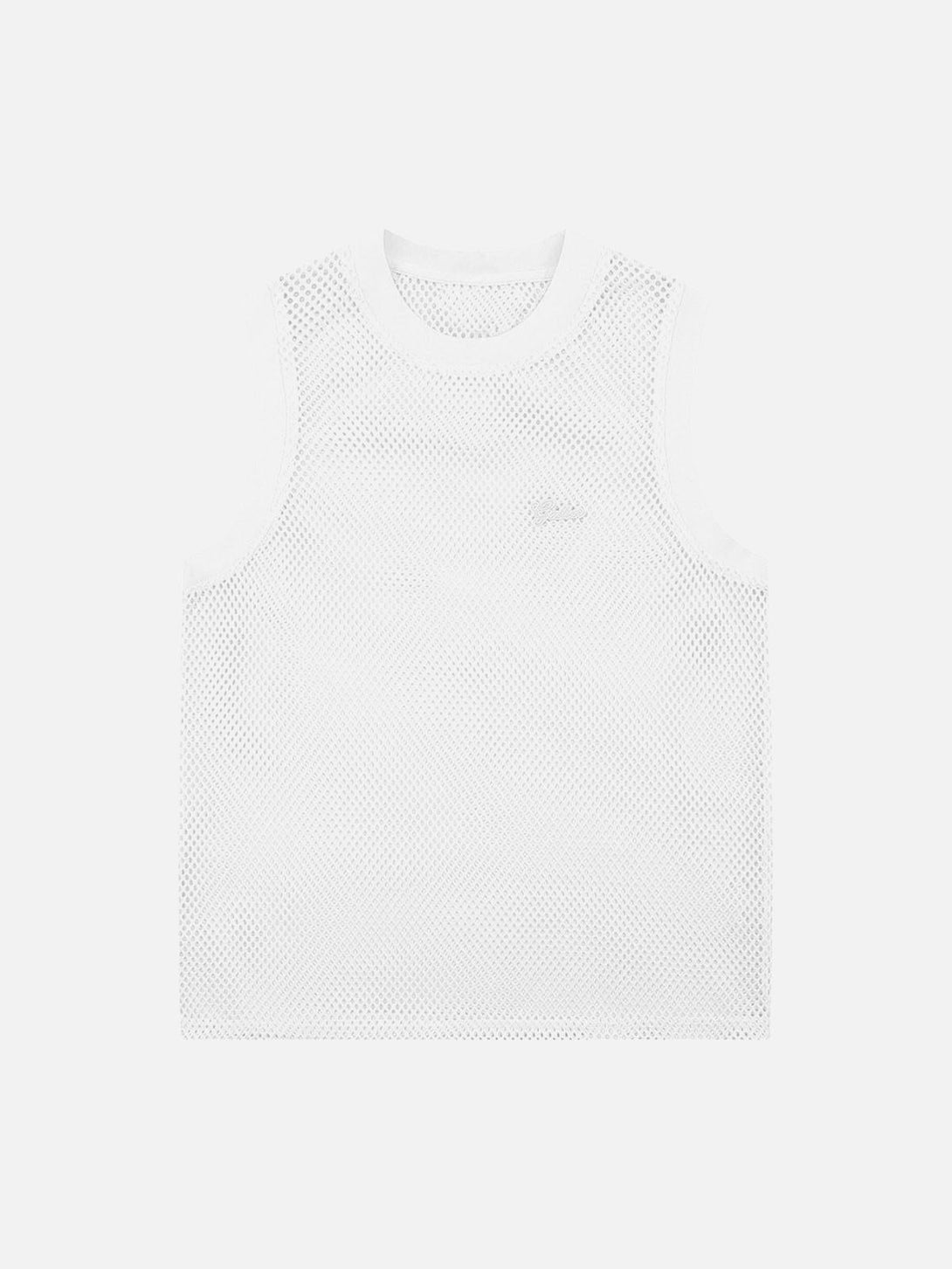 Front view of a white mesh vest by TALISHKO, showcasing embroidered letters for a light, airy style.