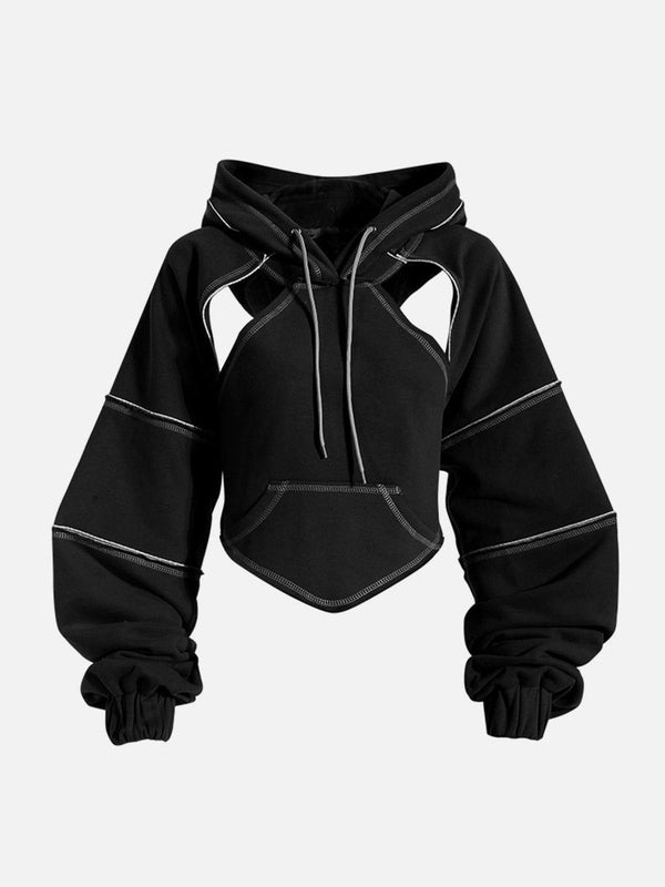 Front view of a black hoodie by TALISHKO with unique cut-out design and tie-bow detail.
