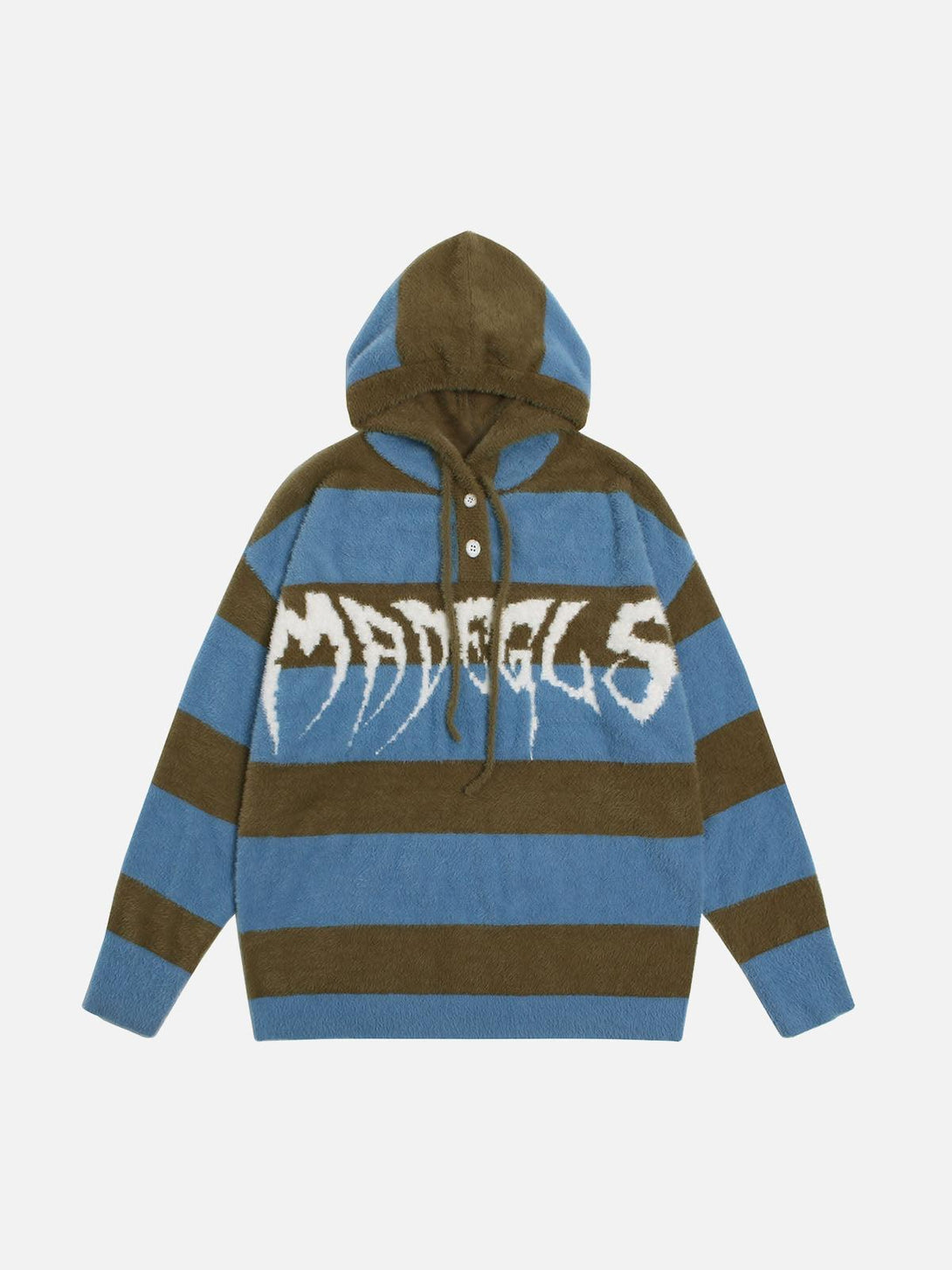 Front view of a blue and brown striped hooded knit sweater by TALISHKO, featuring bold text.