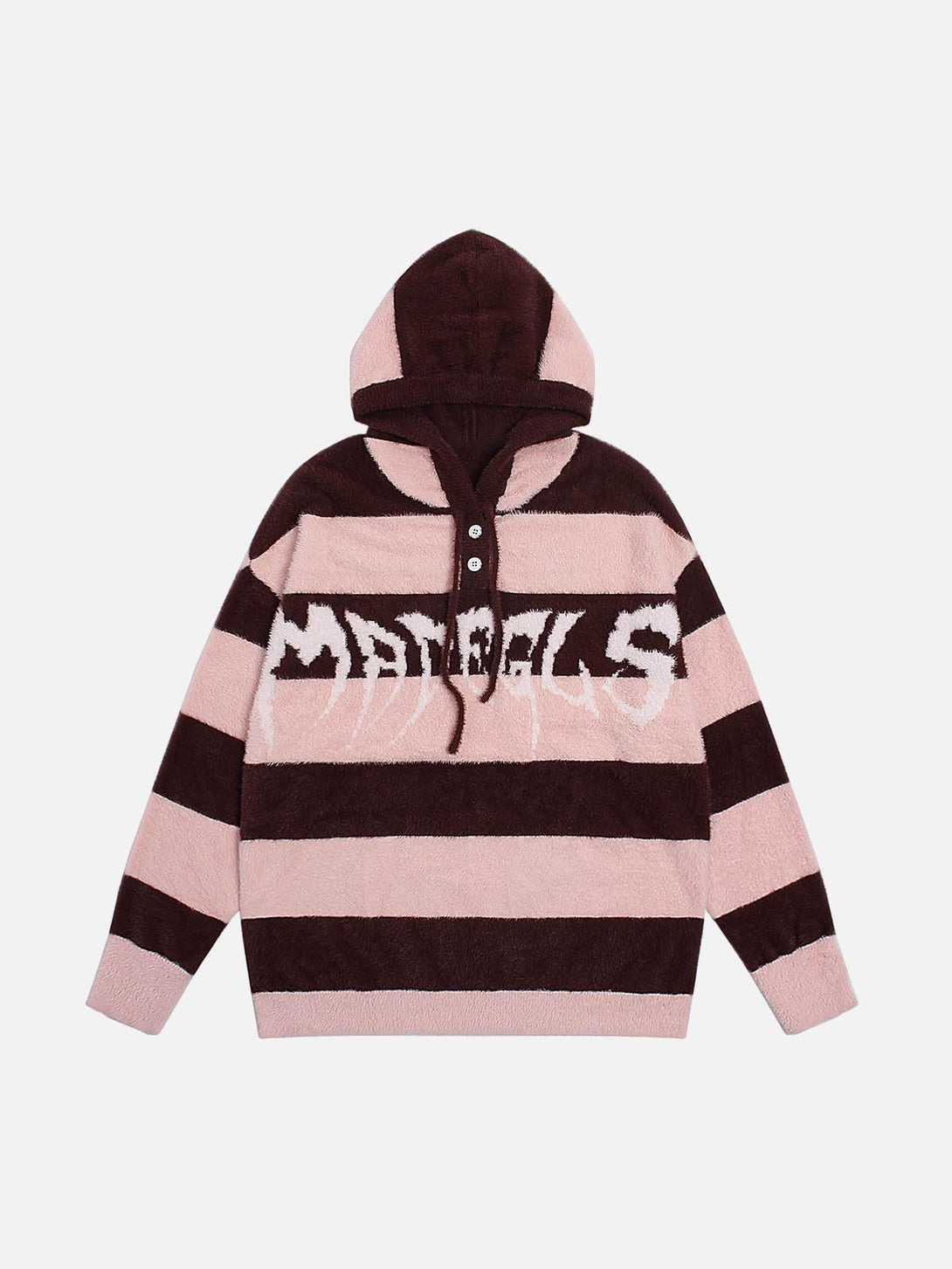 Front view of a pink and brown striped hooded knit sweater by TALISHKO with bold text design.