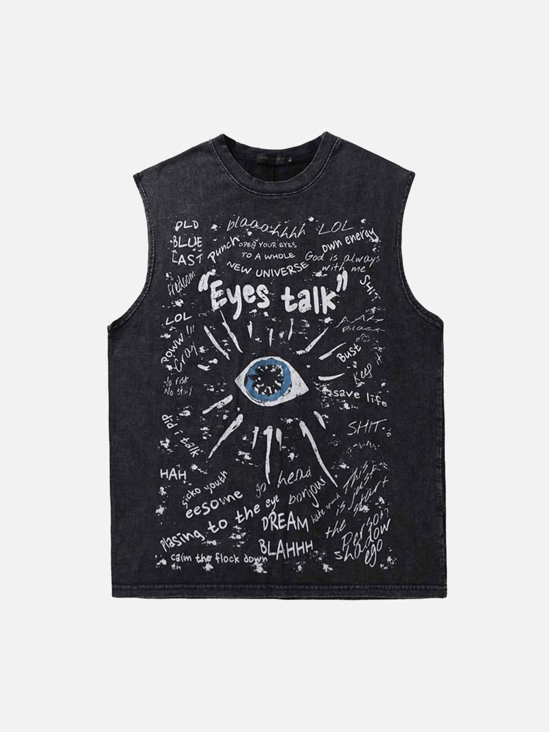 Front view of black vest with eye graphic and text, by TALISHKO, showcasing casual flair.