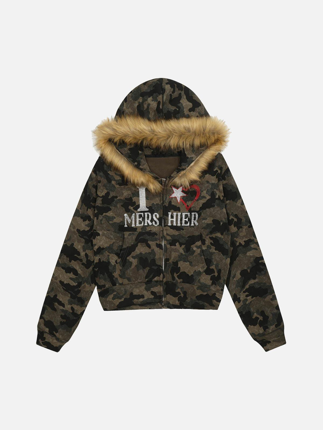 Front view of a TALISHKO camouflage fleece jacket with rhinestone details and fur-trimmed hood.