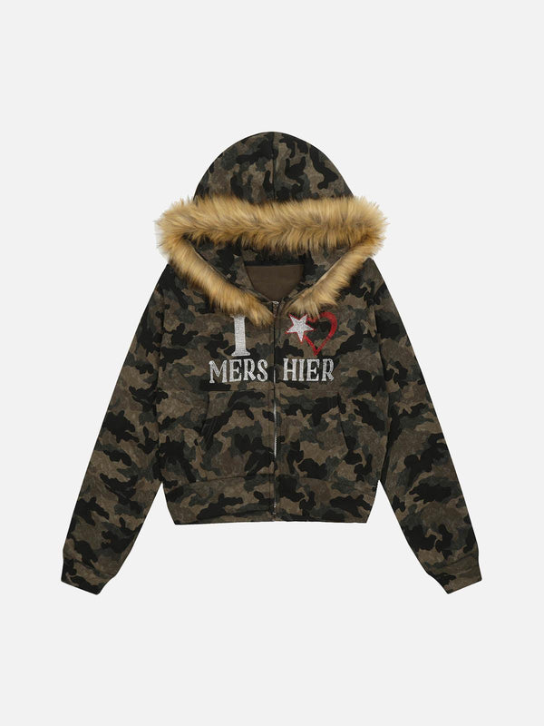 Front view of a TALISHKO camouflage fleece jacket with rhinestone details and fur-trimmed hood.