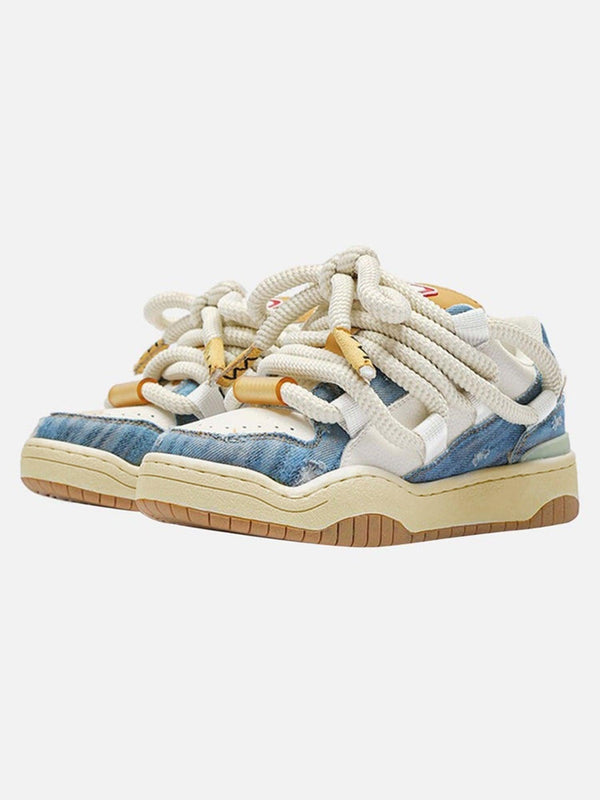 Front view of blue braided sneakers by TALISHKO, featuring unique rope laces and streetwear style.