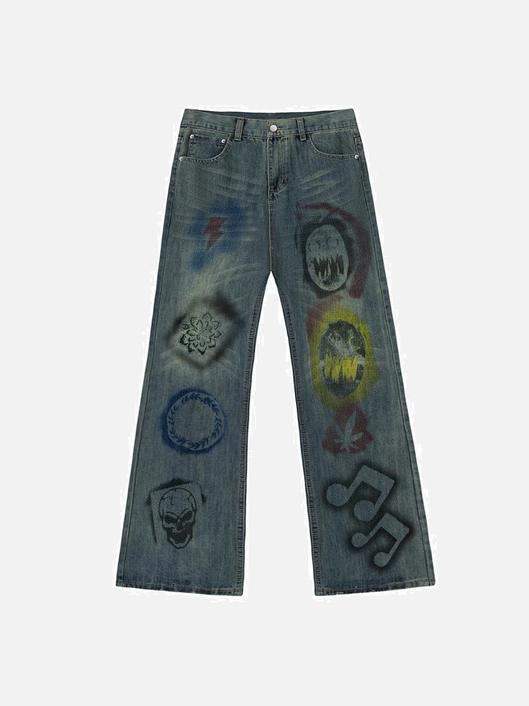 Front view of blue graffiti print jeans by TALISHKO, featuring vibrant street-style icons.