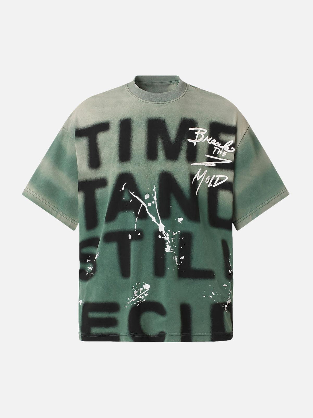 Front view of a green ink splash letter print T-shirt by TALISHKO, featuring bold, artistic design.
