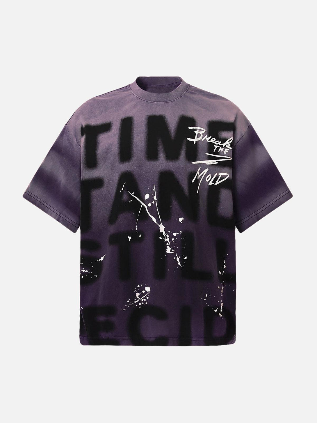 Purple ink splash letter print T-shirt by TALISHKO, showcasing bold, artistic front design.