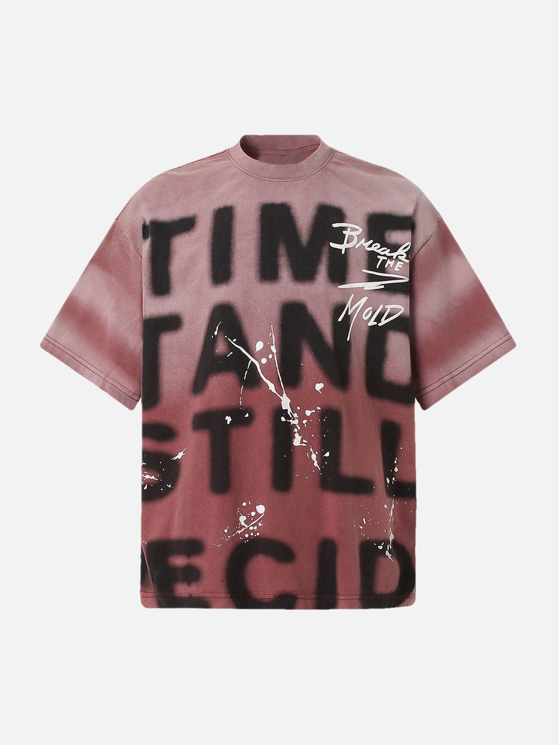 Front view of a red ink splash letter print T-shirt by TALISHKO, featuring bold typography.