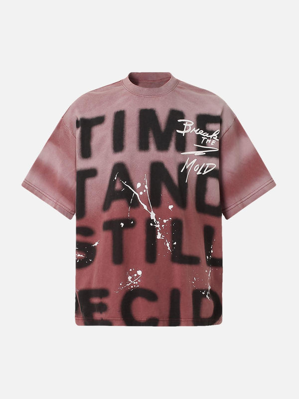 Front view of a red ink splash letter print T-shirt by TALISHKO, featuring bold typography.