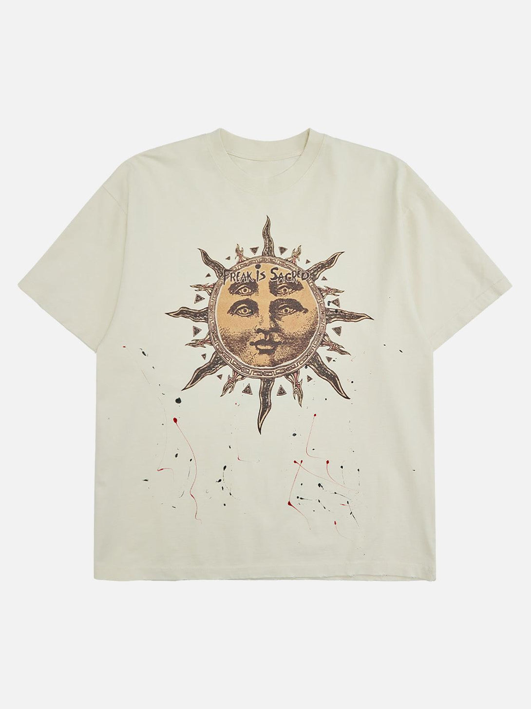 Front view of an apricot T-shirt by TALISHKO featuring an ink-splashed sun god design.