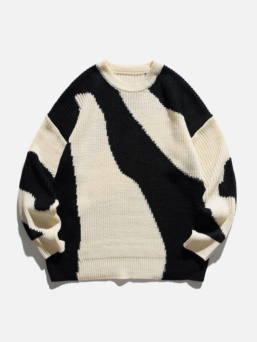 Front view of black and white contrast sweater by TALISHKO, ideal for urban style.
