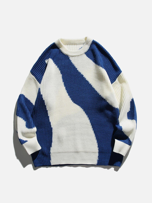Front view of a blue and white patterned sweater by TALISHKO, perfect for a trendy look.