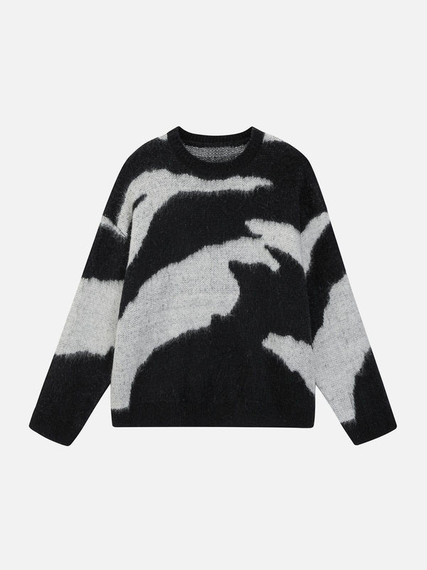 TALISHKO sweater in black with an abstract pattern, shown from the front for a trendy look.