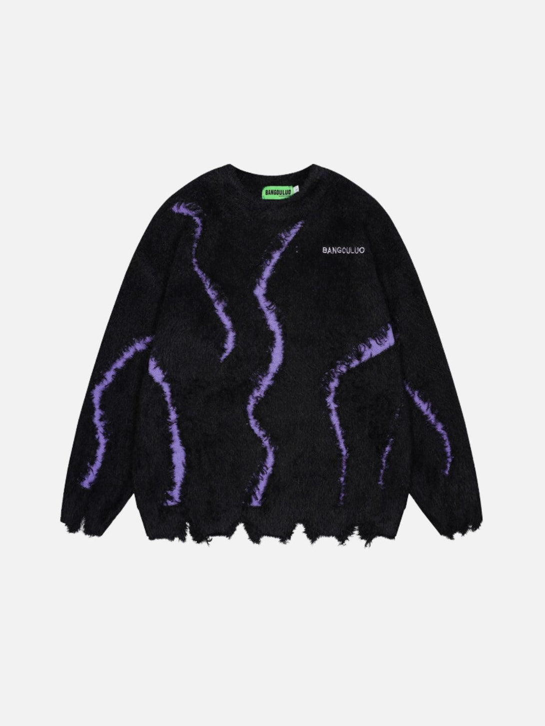 Front view of a black distressed sweater with purple wavy patterns by TALISHKO.