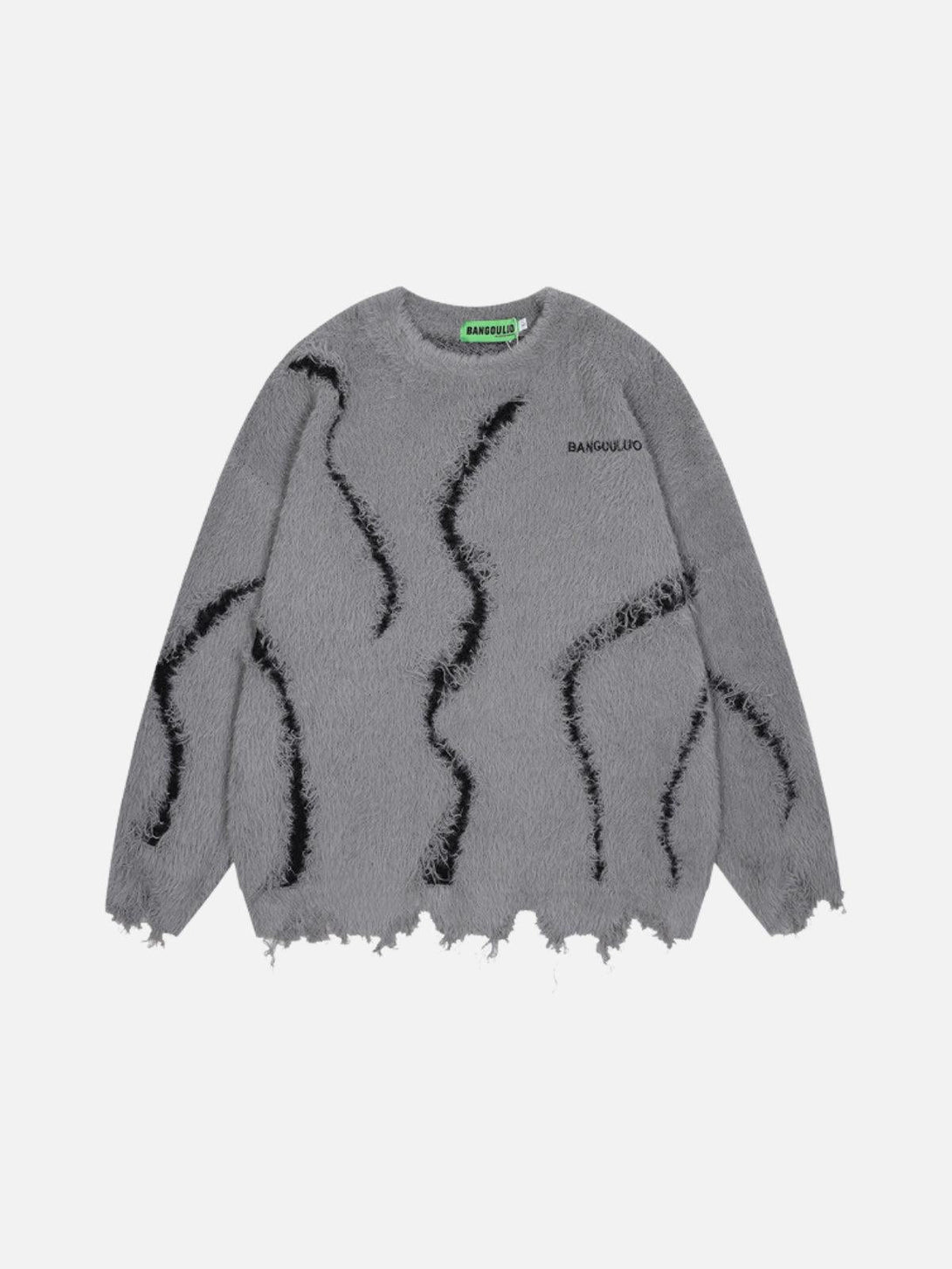 Front view of a gray distressed sweater with wavy patterns, featuring TALISHKO branding.