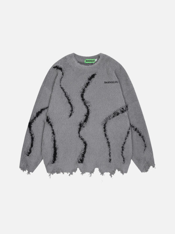 Front view of a gray distressed sweater with wavy patterns, featuring TALISHKO branding.