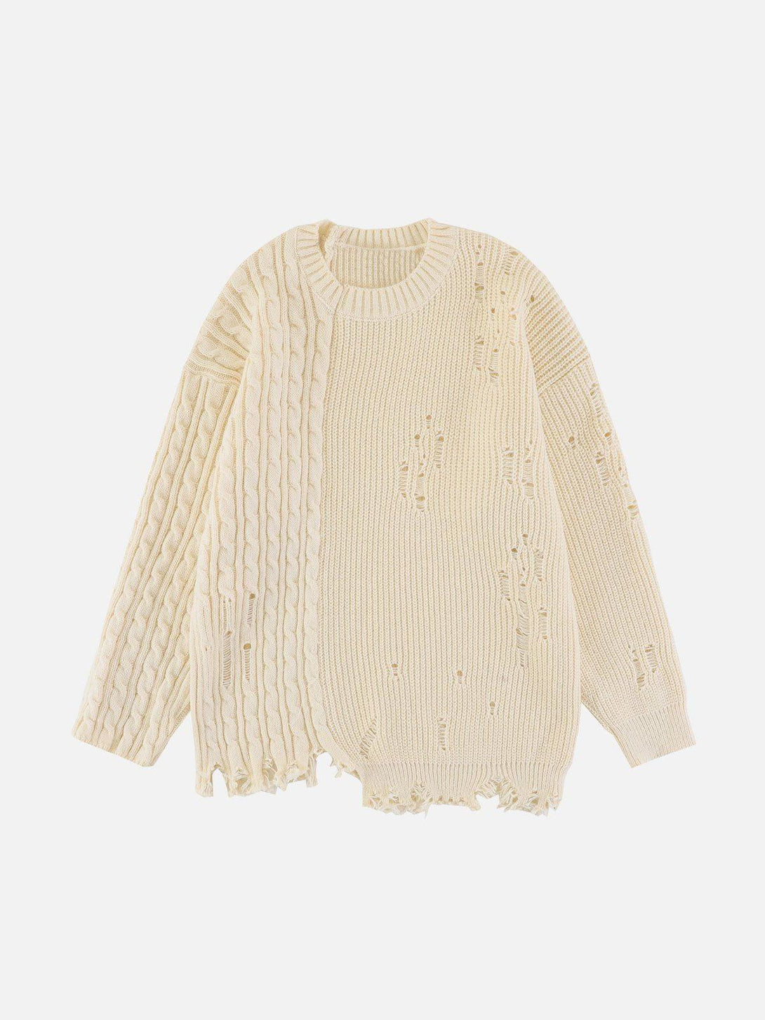 Front view of an apricot irregular patchwork twist sweater by TALISHKO, featuring unique knit textures.