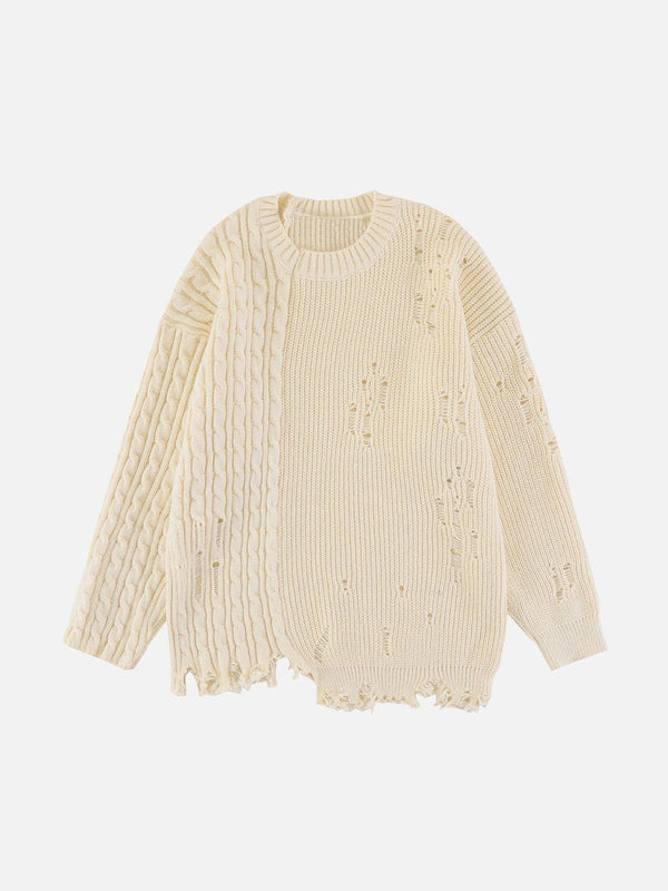 Front view of an apricot irregular patchwork twist sweater by TALISHKO, featuring unique knit textures.