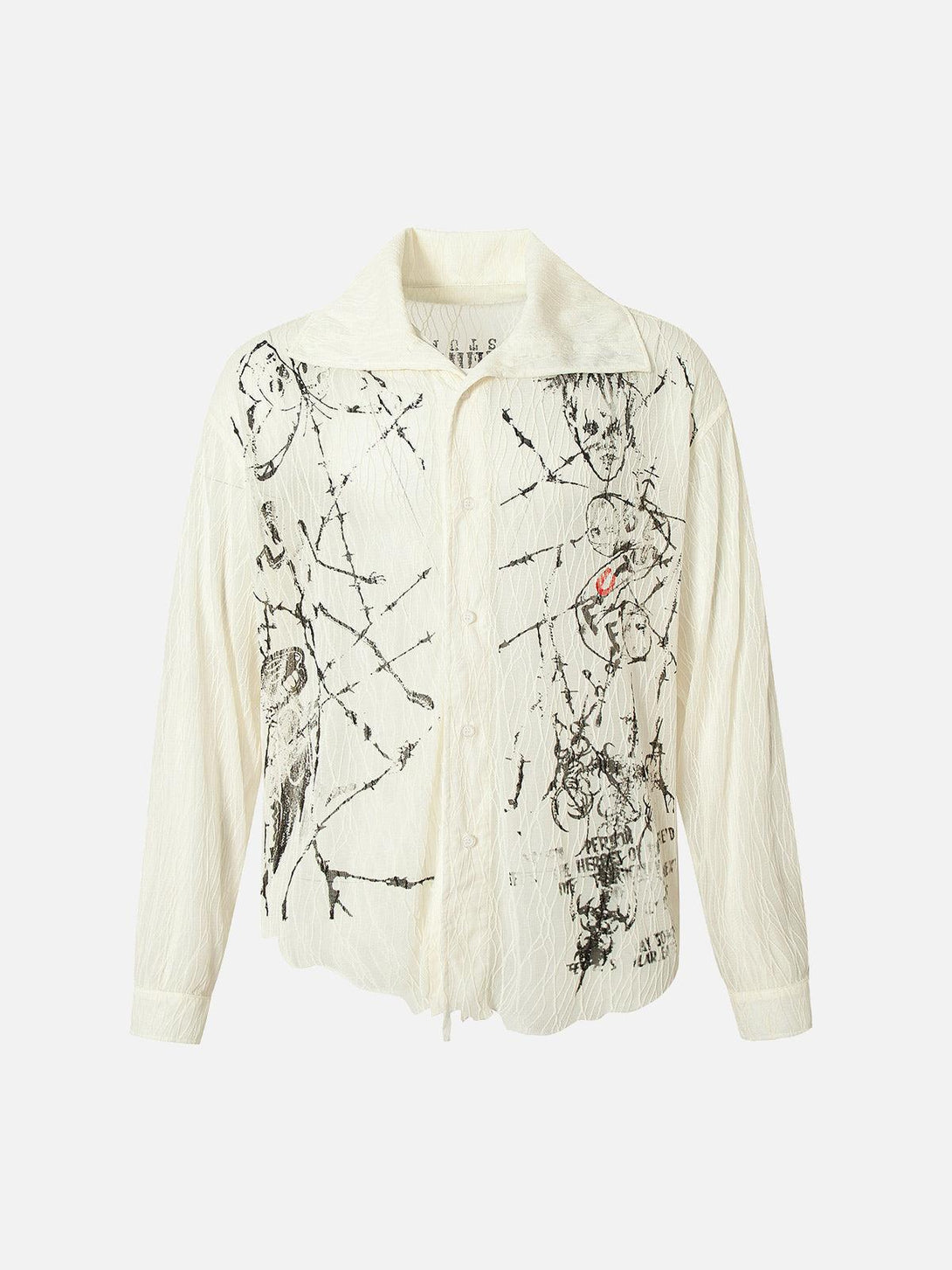 Front view of a beige irregular pleated print shirt by TALISHKO, featuring intricate designs.