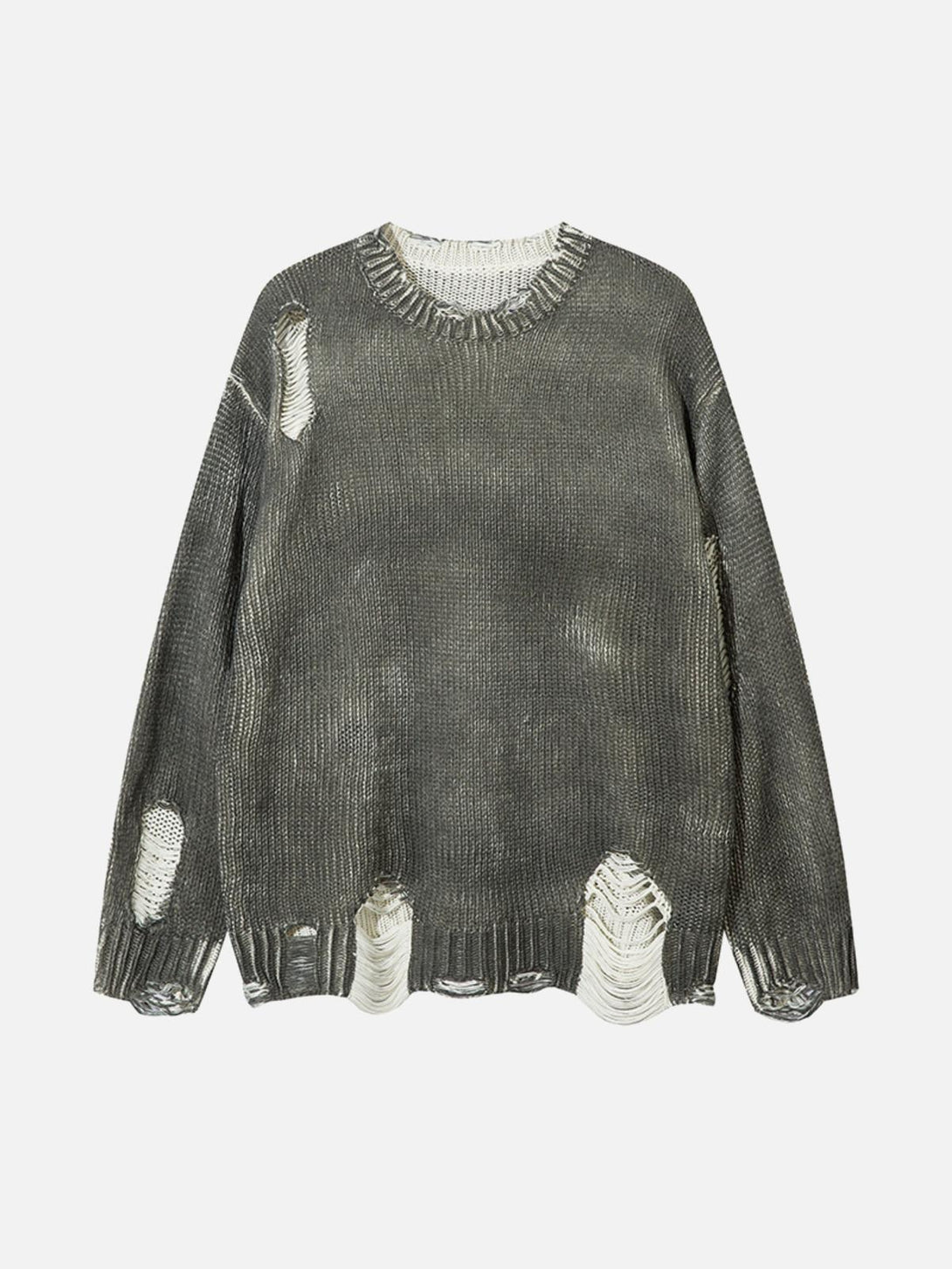 Front view of a black, irregular ripped sweater by TALISHKO, offering an edgy urban look.