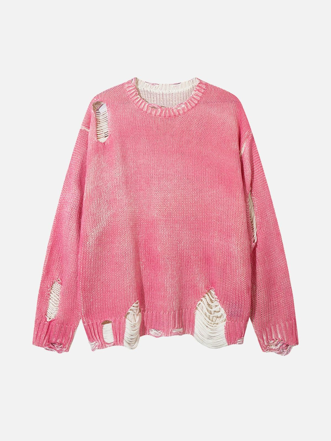 Front view of a pink, irregular ripped sweater by TALISHKO, showcasing a trendy street style.