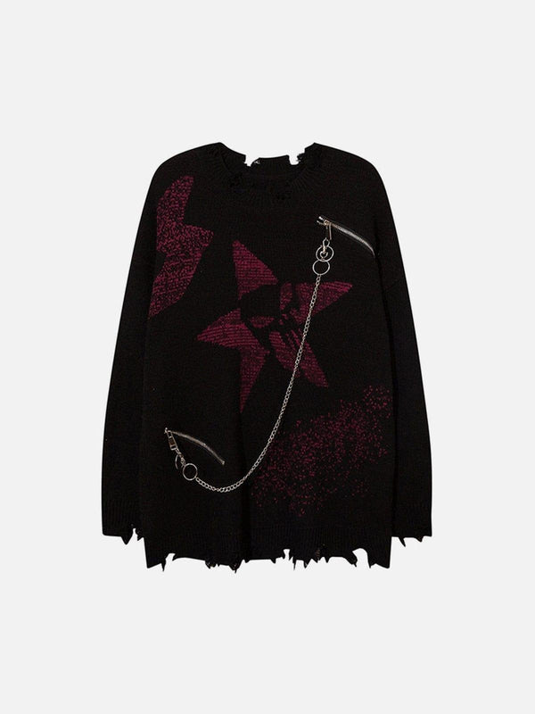 Front view of a black knit sweater by TALISHKO, featuring a star design, chains, and zippers.