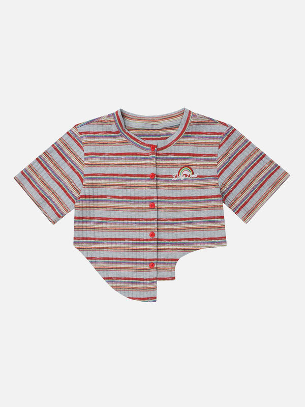 Front view of a red irregular stripes tee by TALISHKO, featuring a unique asymmetrical hem.