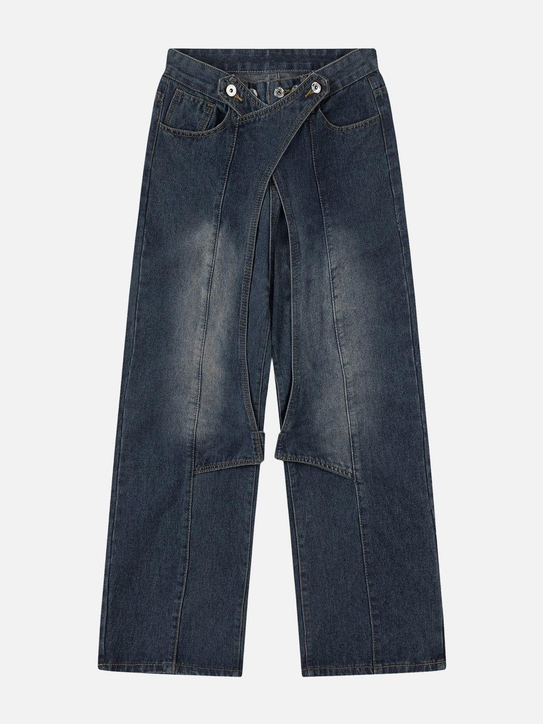 Front view of blue wide-leg jeans with an irregular waist design by TALISHKO.