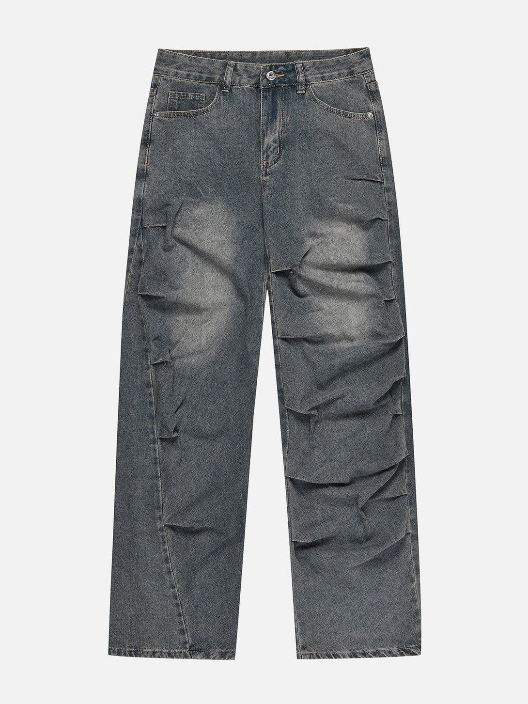 Front view of blue irregular wrinkle jeans by TALISHKO, showcasing a relaxed street style.
